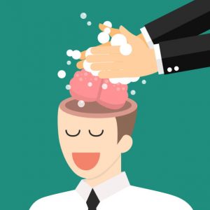 Hand washing enemy businessmans brain. Brainwashing concept. vector illustration